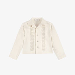 Cream Cotton Check Jacquard Shirt with Greca Embroidery