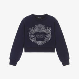 Girls Navy Blue Cotton Diamanté Crest Logo Sweatshirt