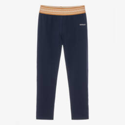 Girls Navy Blue Cotton Jersey Leggings with Greca Trim