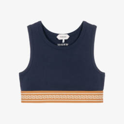 Girls Navy Blue Racer Back Crop Top with Greca Trim