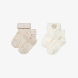 Versace-Ivory & Beige Cotton Baby Ankle Socks (2 Pack) | Childrensalon