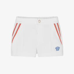 Junior Boys White Cotton Piqué Medusa Logo Shorts with Red Trim