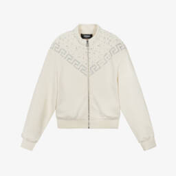 Junior Girls Ivory & Diamanté Greca Cotton Zip-Up Top