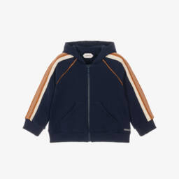 Navy Blue Cotton Zip-Up Hoodie with Greca Trim