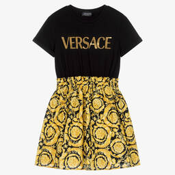 Versace-فستان قطن لون أسود وذهبي بطبعة باروك للمراهقات | Childrensalon