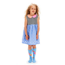Wauw Capow-Girls Blue Floral & Black Stripe Dress | Childrensalon
