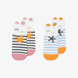 Week-end à la mer-Baby Girls White & Blue Striped Sea Life Socks (2 Pack) | Childrensalon