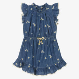 Zimmermann-Girls Blue Denim Embroidered Floral Dress | Childrensalon