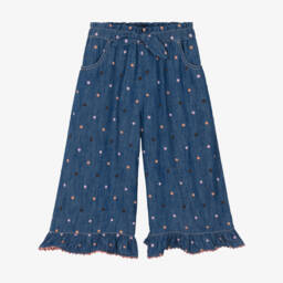 Girls Blue Denim Polka Dot Ruffle Trousers