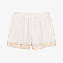 Zimmermann-Girls Ivory Cotton Crochet Trim Shorts | Childrensalon