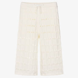 Girls Ivory Knitted Wide-Leg Trousers with Eyelet Pattern
