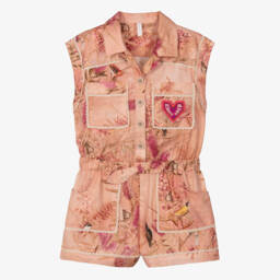 Zimmermann-Girls Peach Floral & Bird Print Playsuit | Childrensalon