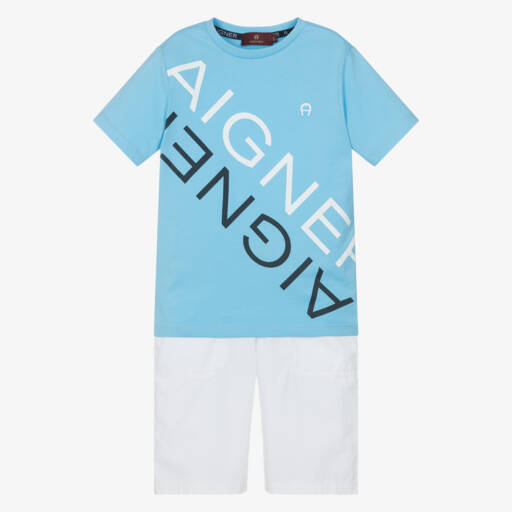 AIGNER-Boys Blue T-Shirt & White Cotton Shorts Set | Childrensalon
