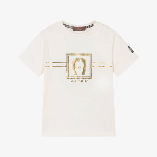 AIGNER-Boys Ivory & Gold Logo Cotton T-Shirt | Childrensalon