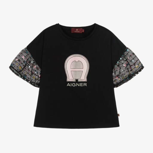AIGNER-Girls Black Cotton & Tulle T-Shirt | Childrensalon