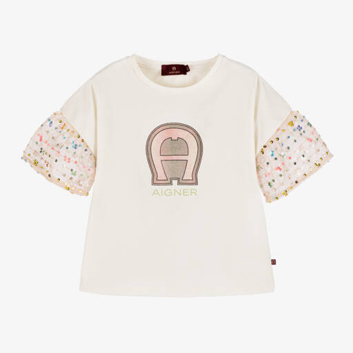 AIGNER-Girls Ivory Cotton & Tulle T-Shirt | Childrensalon