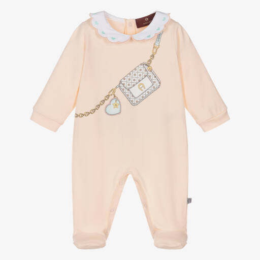 AIGNER-Girls Pastel Orange Pima Cotton Handbag Print Babygrow  | Childrensalon