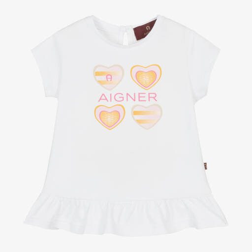 AIGNER-Girls White Cotton Logo Hearts T-Shirt | Childrensalon