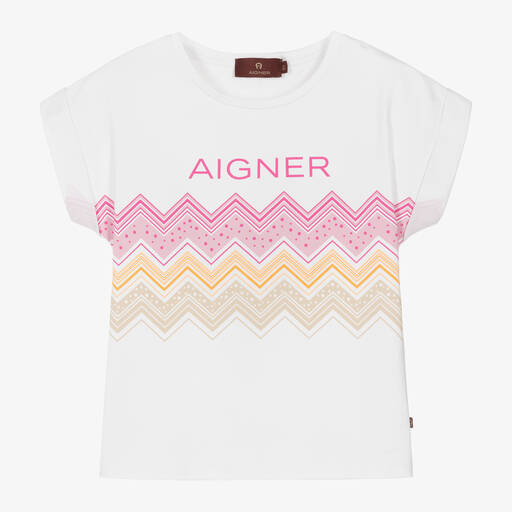 AIGNER-Girls White Cotton Zigzag T-Shirt | Childrensalon