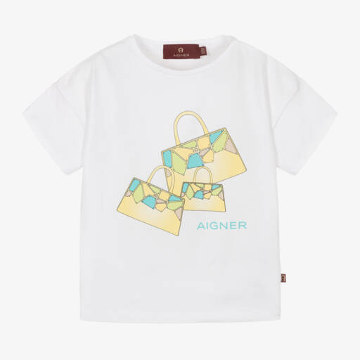 AIGNER-Girls White Handbag Graphic Cotton T-Shirt | Childrensalon