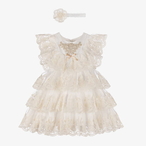 Andreeatex-طقم فستان دانتيل لون عاجي للمولودات | Childrensalon