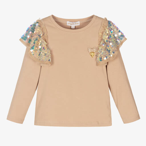 Angel's Face-توب قطن جيرسي مزين بترتر لون بيج للبنات | Childrensalon