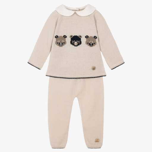 Artesanía Granlei-Baby Boys Beige Knitted Trouser Set with Three Bears | Childrensalon