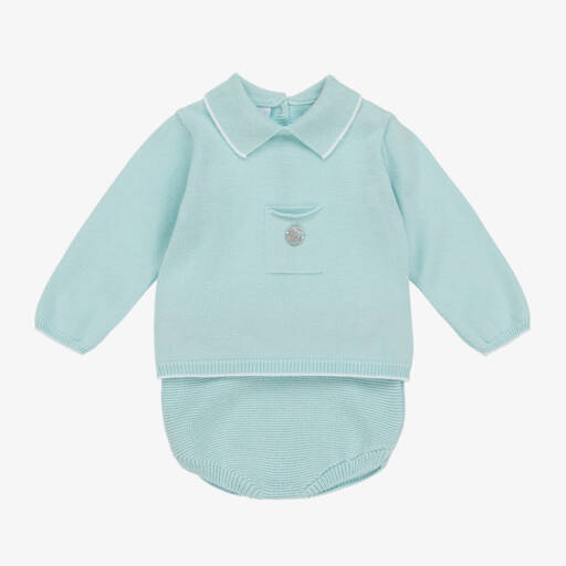 Artesanía Granlei-Baby Boys Green Cotton Knit Shorts Set | Childrensalon