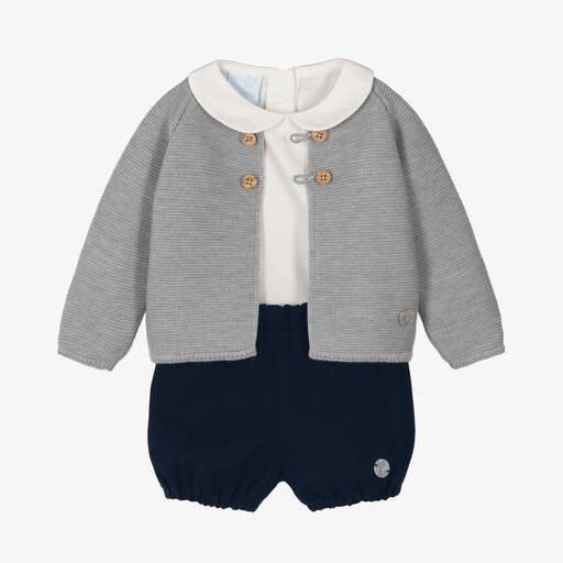 Artesanía Granlei-Baby Boys Grey & Blue Cotton Shorts Set | Childrensalon