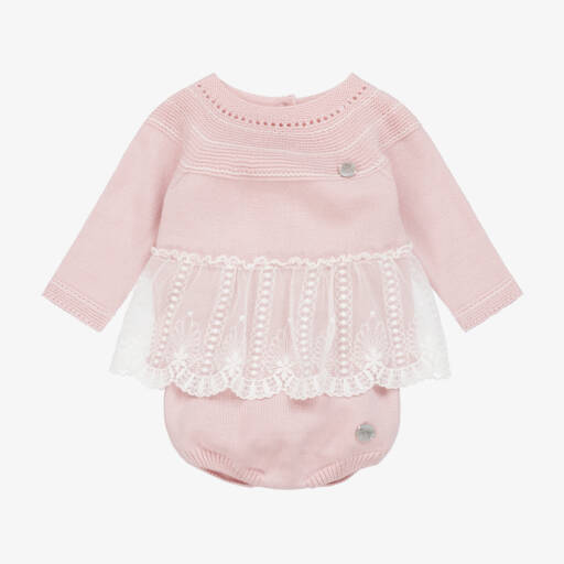 Artesanía Granlei-Baby Girls Pink Lace Trimmed Knitted Shorts Set | Childrensalon