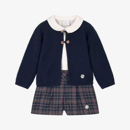Artesanía Granlei-Boys Navy Blue Cardigan & Check Shorts Set | Childrensalon