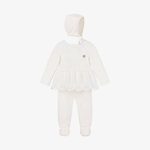 Artesanía Granlei-Girls Ivory Knitted Babysuit & Hat Set | Childrensalon