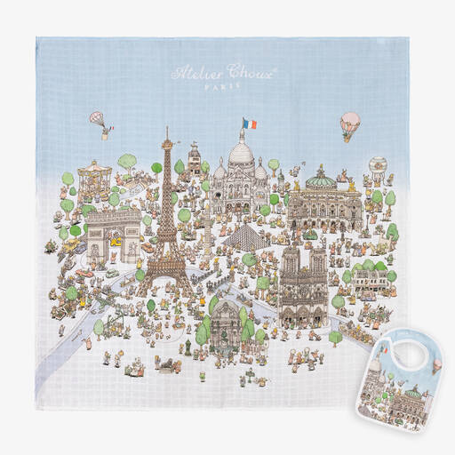 Atelier Choux Paris-Blue Organic Cotton Swaddle & Bib Set | Childrensalon