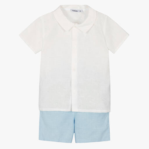 Babidu-Boys White & Blue Cotton Shorts Set | Childrensalon