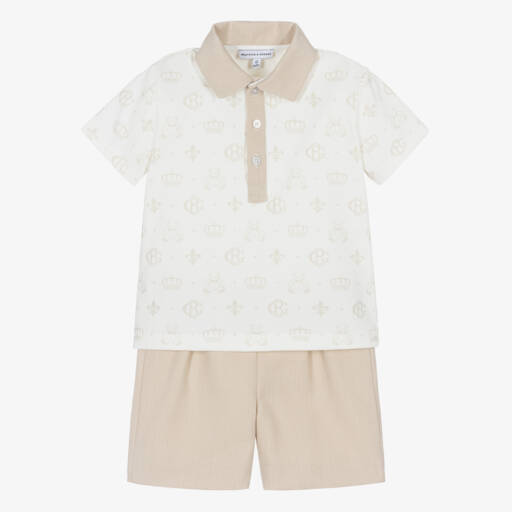 Beatrice & George-Boys Beige Cotton Monogram Shorts Set | Childrensalon