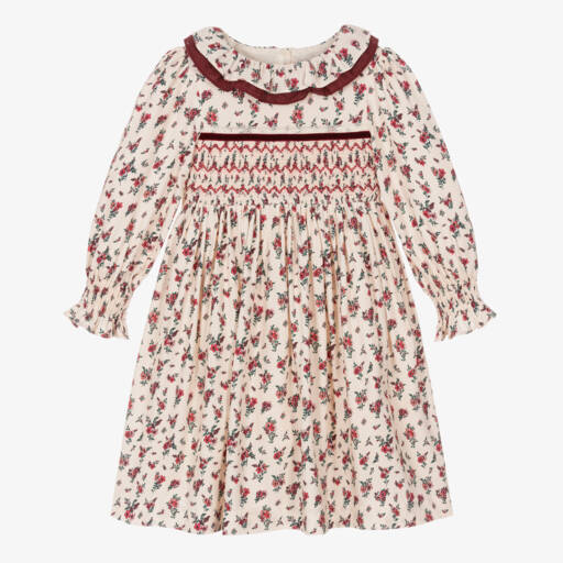 Beatrice & George-Girls Ivory & Red Smocked Floral Dress | Childrensalon