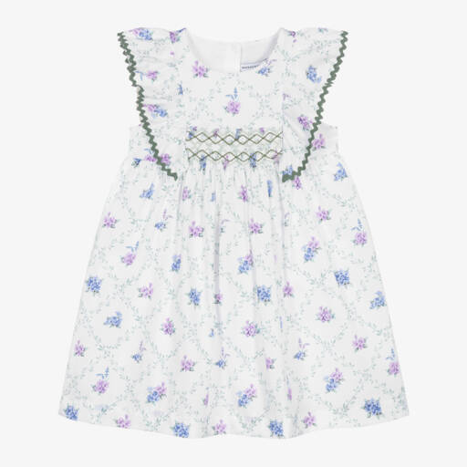 Beatrice & George-Girls White Floral Smocked Cotton Dress | Childrensalon