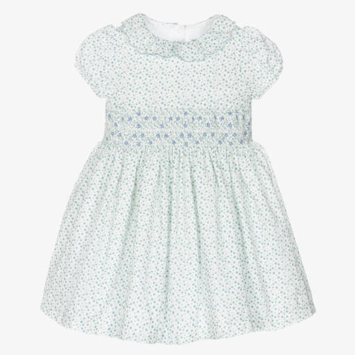 Beatrice & George-Girls White & Green Floral Smocked Dress | Childrensalon