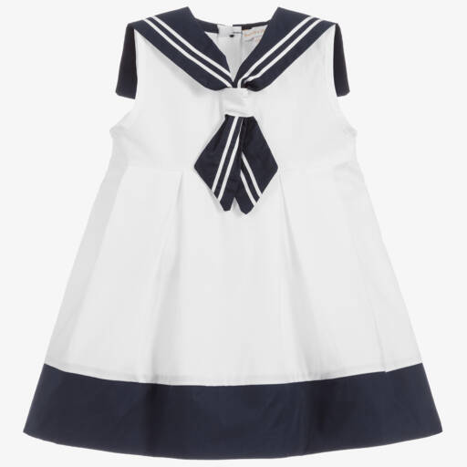 Beatrice & George-Girls White & Navy Blue Cotton Sailor Dress | Childrensalon
