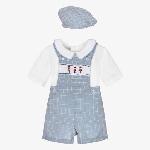 Beau KiD-Baby Boys White & Blue Dungaree Shorts Set | Childrensalon