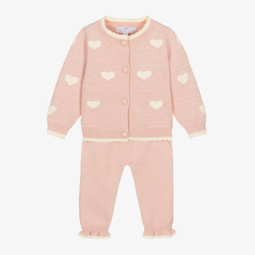 Beau KiD-Baby Girls Pink & Ivory Heart Knitted Trouser Set | Childrensalon