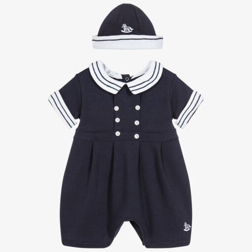 Beau KiD-Boys Navy Blue Cotton Embroidered Babysuit Set | Childrensalon