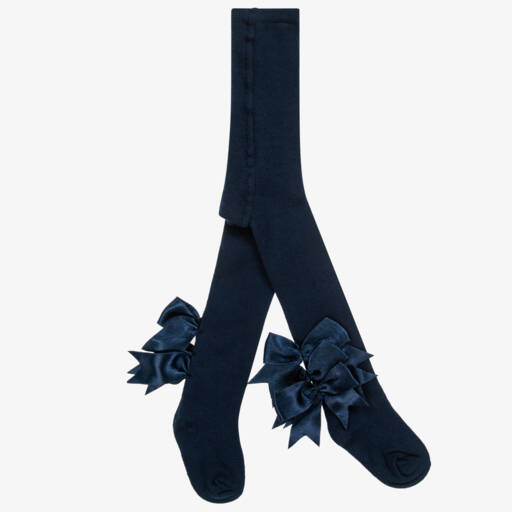 Beau KiD-Girls Blue Cotton Tights with Satin Bows | Childrensalon