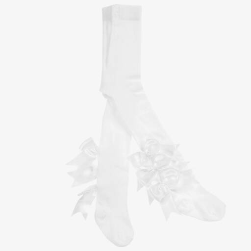 Beau KiD-Girls White Cotton Tights with Satin Bows | Childrensalon