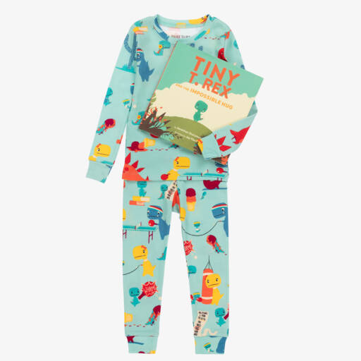 Books to Bed-Boys Green Cotton Dino Pyjamas & Book Set | Childrensalon