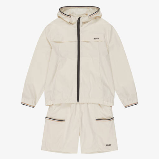 BOSS-Boys Ivory Hooded Windbreaker Jacket & Shorts Set | Childrensalon