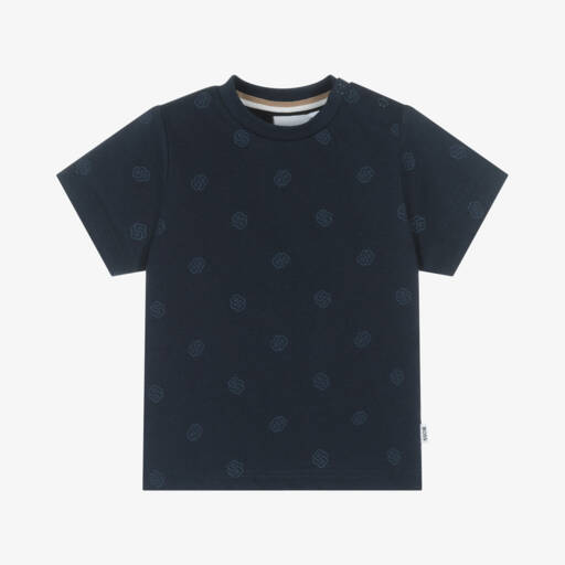 BOSS-Boys Navy Blue Cotton Monogram T-Shirt | Childrensalon
