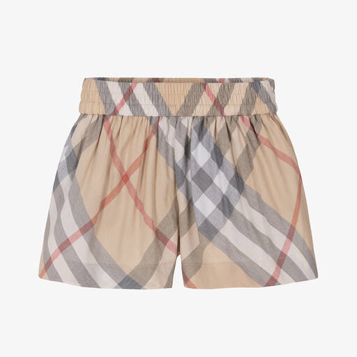 Burberry-Baby Girls Beige Check Cotton Shorts | Childrensalon