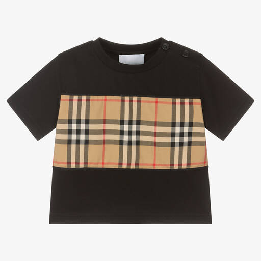 Burberry-Black Cotton Check Baby T-Shirt | Childrensalon