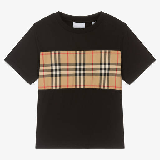 Burberry-Black Cotton Check T-Shirt | Childrensalon